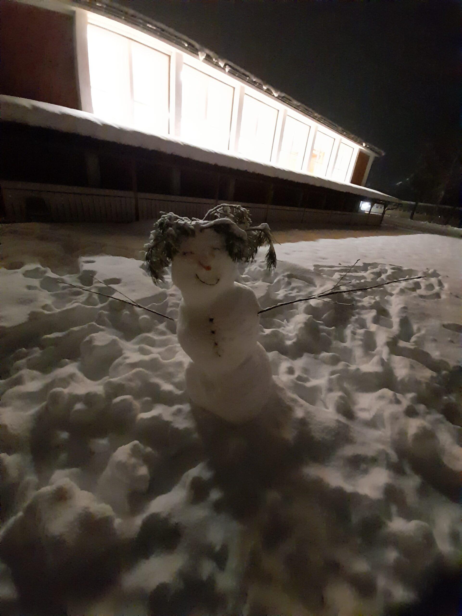 Snødag ved Evjeklinikken - snømenn i ulike kreative fasonger